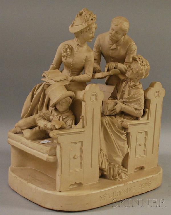 John Rogers Painted Plaster Figural Group Neighbo: John Rogers Painted Plaster Figural Group Neighboring Pews, (head and neck of tallest male figure with cracks, scattered small chips, overpainted, paint flaking), approx. ht. 18, wd. 15 1/2 in.