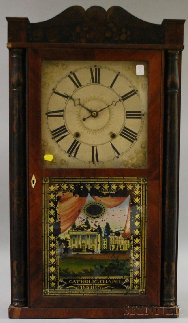 Stenciled Column and Splat Shelf Clock by Eli Ter: Stenciled Column and Splat Shelf Clock by Eli Terry and Sons, Plymouth, Connecticut, with stenciled eagle splat, wooden dial with Roman numerals, lower paint and transfer decorated tablet depicting an
