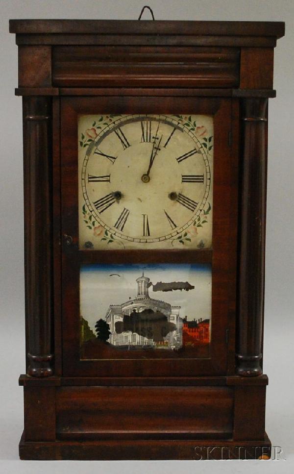 Mahogany Half Column Shelf Clock by Chauncey Jero: Mahogany Half Column Shelf Clock by Chauncey Jerome, New Haven, Connecticut, painted zinc dial with Roman numerals and floral spandrels, transfer and paint decorated tablet depicting the Merchant's Ex