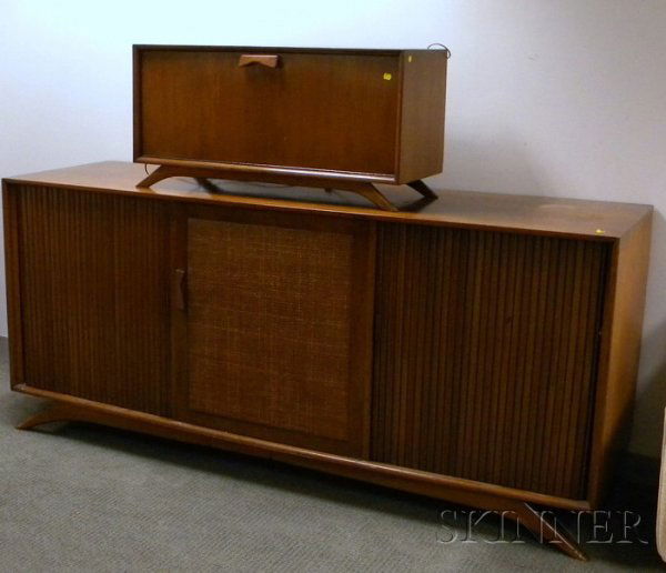 Mid-century Modern Walnut Veneer Tambour Credenza: Mid-century Modern Walnut Veneer Tambour Credenza and a Diminutive Liquor Cabinet.