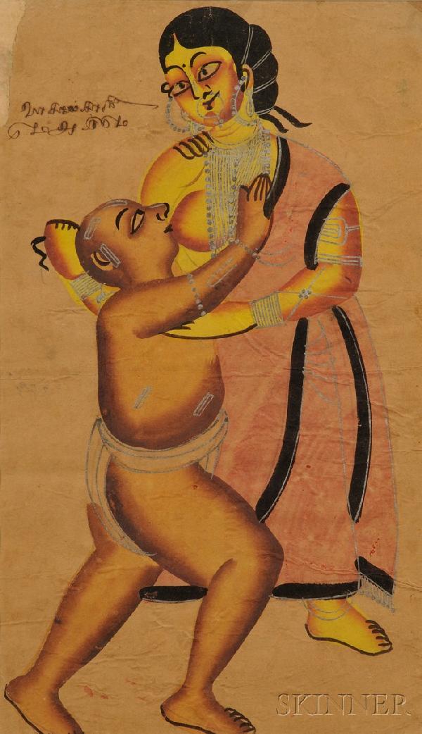 Kalighat Painting, Indian School, 19th century, dep: Kalighat Painting, Indian School, 19th century, depiction of a woman and a Brahman rake, opaque and transparent pigments and silver on paper, framed and glazed, 17 1/4 x 10 1/4 in. Provenance: Estate
