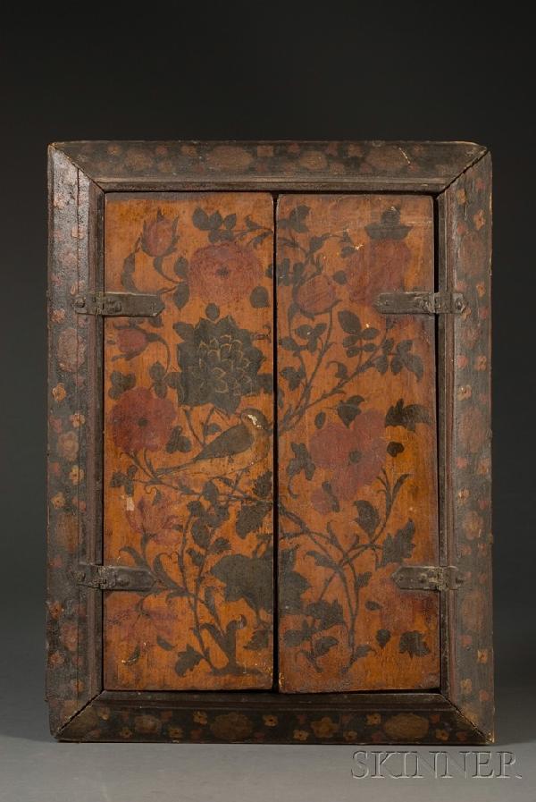 Qajar Lacquered Wood Mirror Case, Persia, 19th cent: Qajar Lacquered Wood Mirror Case, Persia, 19th century, the exterior of the hinged doors finely painted with birds amidst floral and foliate sprays, the interior with a young woman and her suitor on e