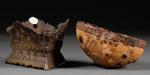 Kapala Skull Cup, Tibet, 19th century, vessel displ: Kapala Skull Cup, Tibet, 19th century, vessel displayed on a Buddhist altar used in ritual to offer to the ferocious dharmapala (defender of the faith), the skull cup mounted in brass and heavily embo