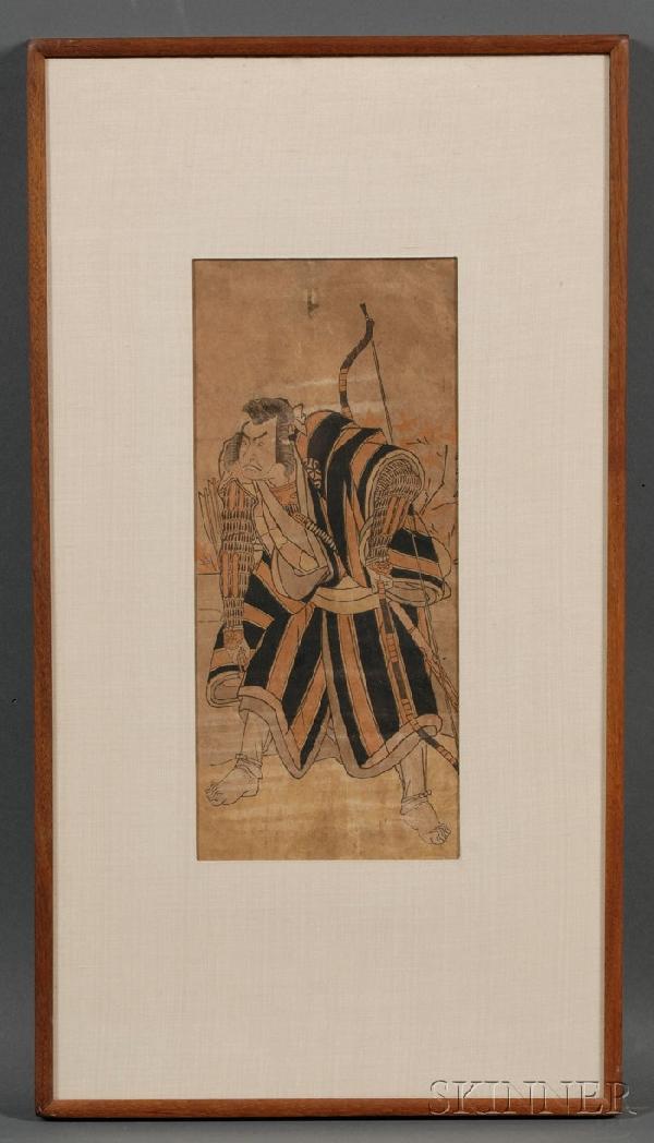 Shunsho: print of an actor holding bow and arrows,: Shunsho: print of an actor holding bow and arrows, (good impression and color, foxing and stain), framed and glazed, 12 x 5 1/4 in.