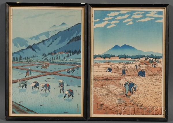 Shiro Kasamatsu: Two Shin hanga prints, both of sce: Shiro Kasamatsu: Two Shin hanga prints, both of scenes of peasants working in the field, signed in Japanese in black ink, one red seal, dated 1954, (good impression, color, and condition, minor foxing
