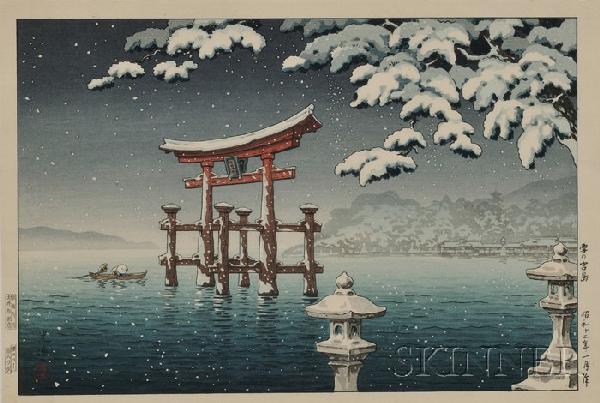 Tsuchiya Koitsu: Snow at Miyajima, 1937, with seals: Tsuchiya Koitsu: Snow at Miyajima, 1937, with seals of publisher (Doi), carver and printer, (fine impression, color and condition), framed.