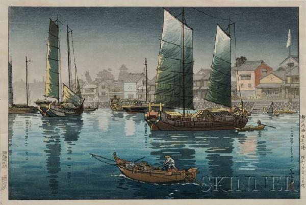 Tsuchiya Koitsu: Akashi Harbor, Inland Sea at Seto: Tsuchiya Koitsu: Akashi Harbor, Inland Sea at Seto, 1938, with seals of publisher (Doi), carver and printer, (fine impression, color, and condition), framed.