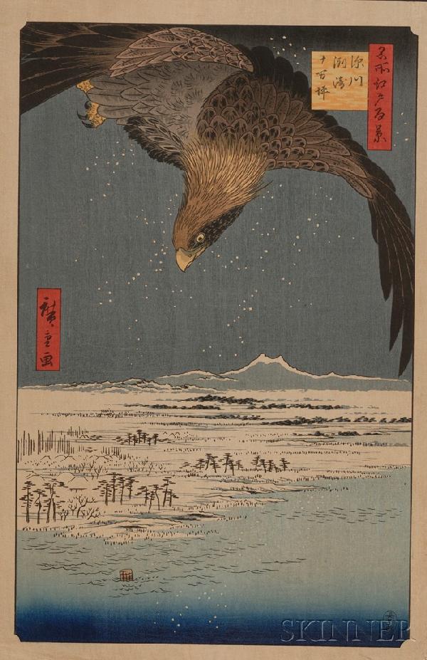 Hiroshige: Susaki and the Jumantsubo Plain near Fu: Hiroshige: Susaki and the Jumantsubo Plain near Fukagawa, from One Hundred Famous View of Edo series, signed Hiroshige ga, late 19th century copy, (very good impression, color, and condition