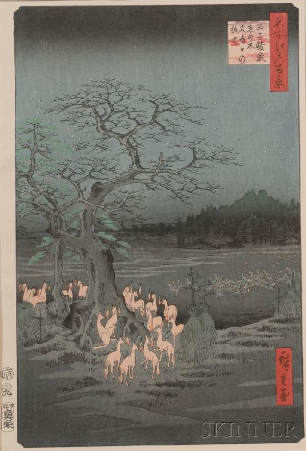 After Hiroshige: New YearÆs Eve Foxfires at the Ch: After Hiroshige: New YearÆs Eve Foxfires at the Changing Tree, ?ji, from the series One Hundred Famous Views of Edo, signed Hiroshige ga, 20th century copy, (very good impression, color, and