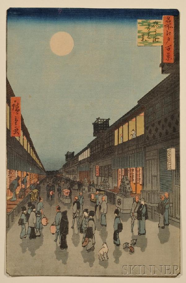 Hiroshige: Night View of Saruwakacho, from One Hun: Hiroshige: Night View of Saruwakacho, from One Hundred Famous Views of Edo, signed Hiroshige ga, (good impression, color, condition, trimmed to the image).