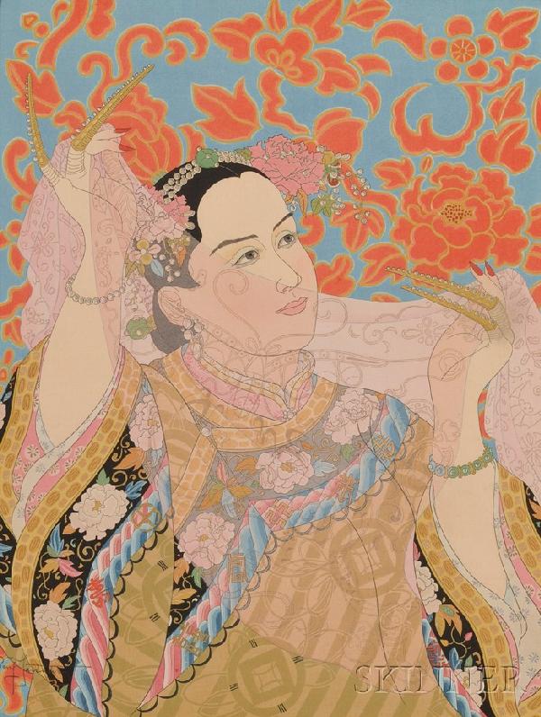 Paul Jacoulet: Pring of a Chinese woman, one seal,: Paul Jacoulet: Pring of a Chinese woman, one seal, (very good impression, color, and condition), framed, 15 1/4 x 11 3/4, 20 1/2 x 17 1/4 in. (with frame)