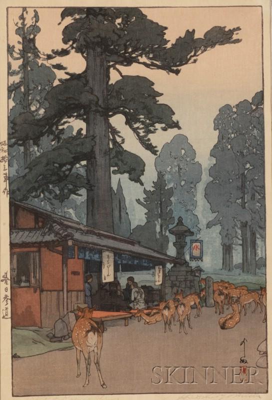 Hiroshi Yoshida: Way to the Kasuga Shrine, 1938, t: Hiroshi Yoshida: Way to the Kasuga Shrine, 1938, titled in pencil in Roman print, also titled and dated on the margin in black ink in Japanese, signed in black ink and pencil, sealed in red in Japanes