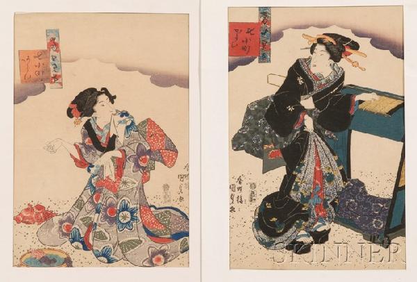 Utagawa Kunisada: two woodblock prints of courtesa: Utagawa Kunisada: two woodblock prints of courtesans, signed Kochoro Kunisada ga, (good impression, color, and condition), mounted on mat board. Provenance: Gift from Steven and Anne Marie Rockefeller