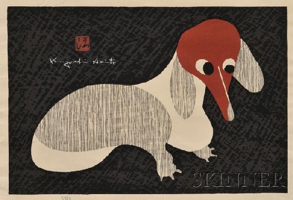 Kiyoshi Saito: woodblock print of a dog, signed in: Kiyoshi Saito: woodblock print of a dog, signed in white in Roman script Kiyoshi Saito and sealed in red in Japanese Kiyoshi, (very good impression and color, minor creases to the margin).