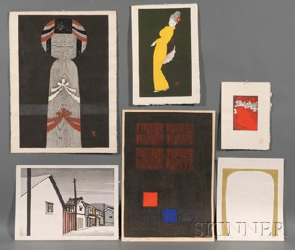 Six Assorted Prints, Kaoru Kawano: Kokeshi, number: Six Assorted Prints, Kaoru Kawano: Kokeshi, numbered 65/100, and a print depicting a dancing girl in kimono, another of a portrait of a girl with garland, all woodblock prints, ink and color on paper,