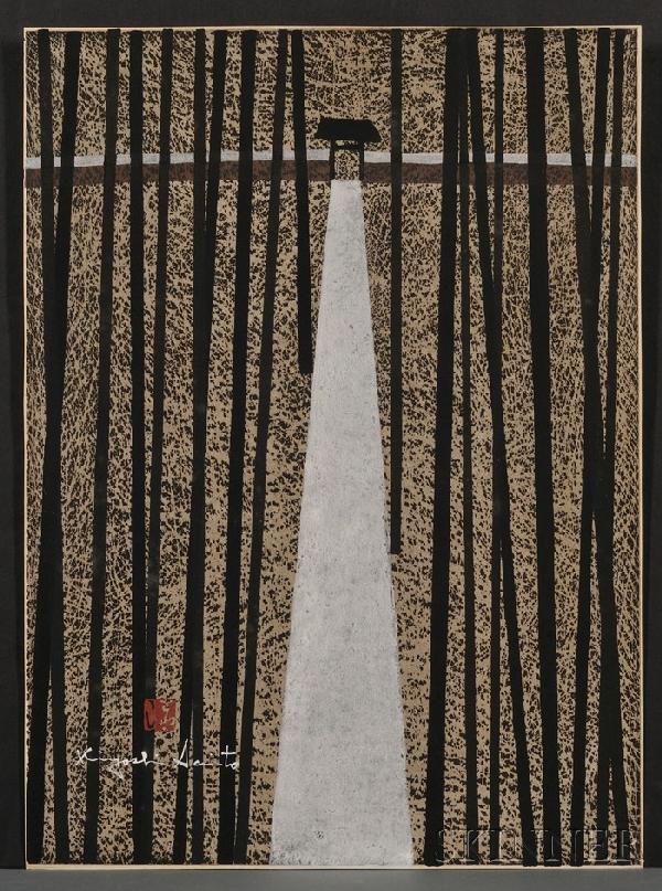 Kiyoshi Saito: woodblock print with mica, no title: Kiyoshi Saito: woodblock print with mica, no title, signed in white in Roman script Kiyoshi Saito, sealed in red in Japanese Kiyoshi, (very good impression, color, and condition).