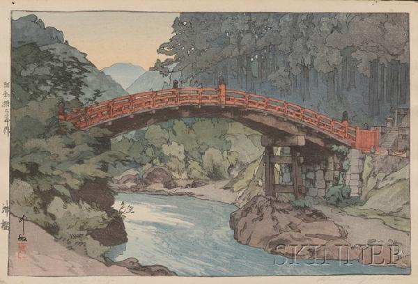Hiroshi Yoshida: Sacred Bridge, later edition with: Hiroshi Yoshida: Sacred Bridge, later edition with stamped signature and title, (good impression, color, and condition, with slight foxing and toning), in brown wrapper in slipcase.