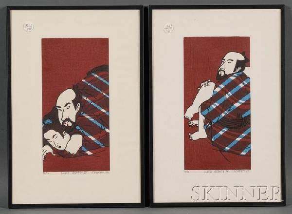 Clifton Karhu: Two Prints: Lord Ashura IV and Lord: Clifton Karhu: Two Prints: Lord Ashura IV and Lord Ashura V, shunga, 1969, signed, titled, dated and numbered 30/50 in pencil, (fine impressions, color, and condition), framed and glazed, (not examine