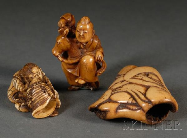 Three Ivory Netsuke, Japan, 19th century, a triang: Three Ivory Netsuke, Japan, 19th century, a triangular bone piece, a manzai dancer with a horse-head prop, and an oni looking inside a conch shell, (old damage to the latter two), lg. approx. 1 7/8 in