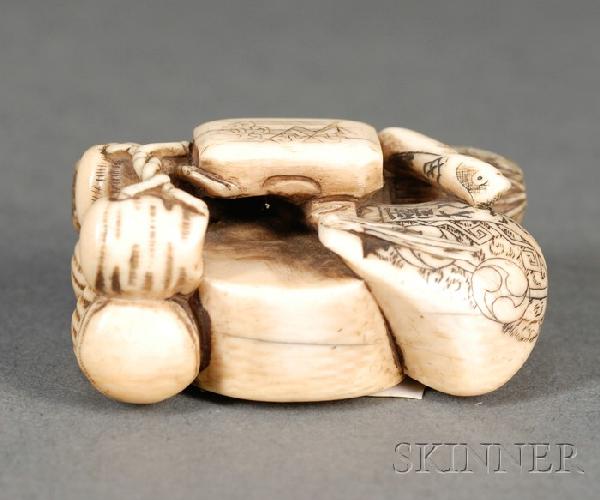 Ivory Netsuke, Japan, 19th century, arrangement of: Ivory Netsuke, Japan, 19th century, arrangement of group of utilitarian stuff, incised signature to the underside of the drum, lg. 1 5/8 in.
