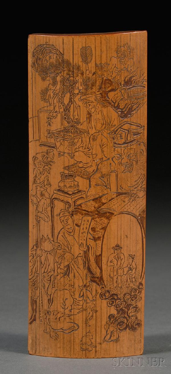 Bamboo Wrist Rest, Japan, 19th century, carved wit: Bamboo Wrist Rest, Japan, 19th century, carved with devils engaging in various activities in hell, ht. 7 3/8, lg. 2 1/2 in.