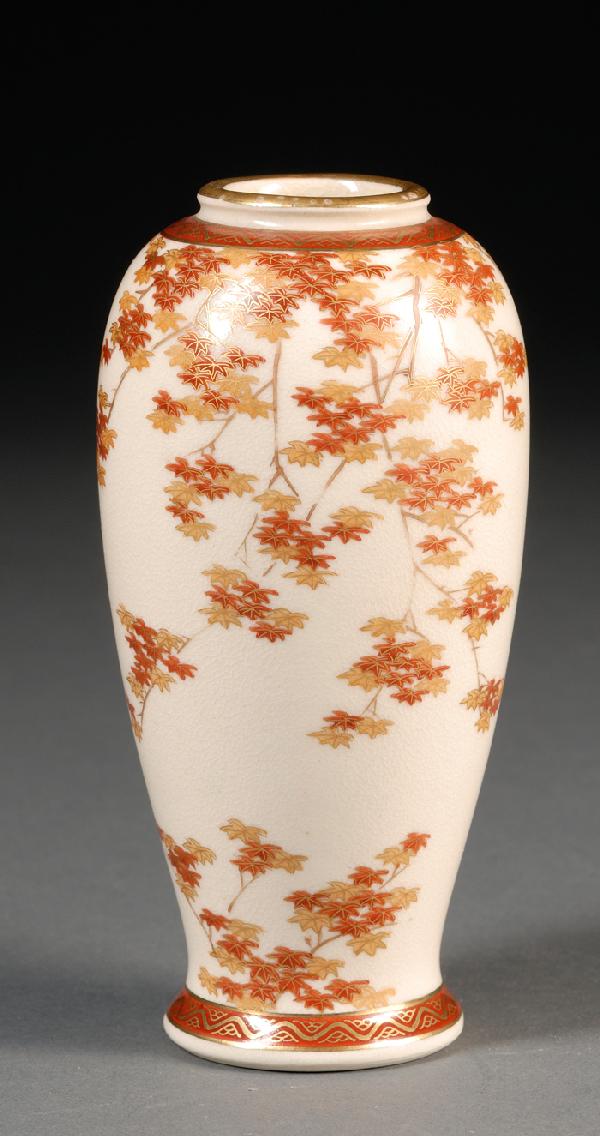 Small Satsuma Vase, Japan, 19th century, the turni: Small Satsuma Vase, Japan, 19th century, the turnip-shaped body finely painted in red and gilt with maple leaves, set in between bands of geometrical designs around the shoulder and the foot, "Koshida