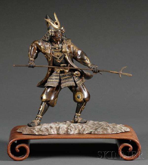 Bronze Warrior, Japan, late 19th/early 20th centur: Bronze Warrior, Japan, late 19th/early 20th century, cast as the figure of Kato Kiyomasa, the Japanese daimyo of the Azuchi-Momoyama and Edo period, fully armored and wearing an extravagant helmet, st