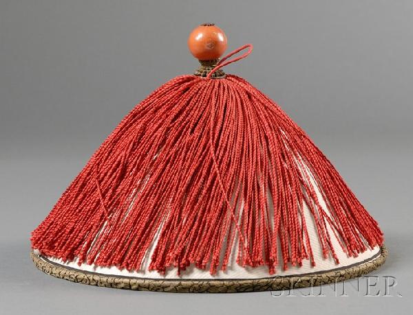 Official's Hat, China, late 19th century, summer-t: Official's Hat, China, late 19th century, summer-type, woven bamboo with a taut silk gauze covering and red lining, coral-colored finial with a scarlet tassel.