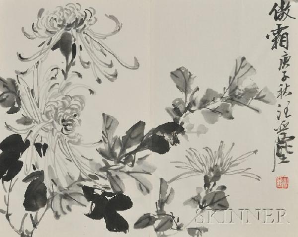 Album Leaf, Wang Yachen (1894-1983), three ink pai: Album Leaf, Wang Yachen (1894-1983), three ink paintings, on the theme of iris, chrysanthemum, and flower-and-bird, respectively, all dated autumn of gengzi year (1960), signed, one seal, 11 1/2 x 14 
