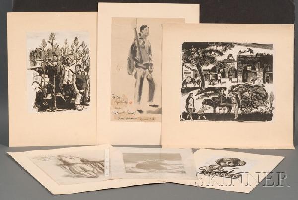 Woodblock Prints and Works on Paper, China, 1930s,: Woodblock Prints and Works on Paper, China, 1930s, four woodblock prints of people and revolution; two works on paper dedicated to Comrade Nym Wales and Edgar Snow, dated 1939, 8 1/2 x 10, 7 x 6, 8 3/