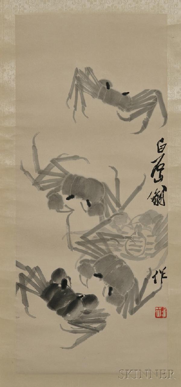 Hanging Scroll, Qi Baishi (1863-1957), ink on pape: Hanging Scroll, Qi Baishi (1863-1957), ink on paper, depiction of five crabs, signed Baishi shan weng, one seal, 29 x 12 in. Provenance: Given to Charles Chu by Eva and Robert Tharp. Robert Tharp is t