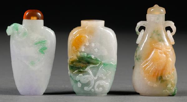 Three Jade Snuff Bottles, China, two of flattened : Three Jade Snuff Bottles, China, two of flattened ovoid shape, one of double gourd shape, carved with fish leaping above lotus pond, squirrel and bat, and Buddhist hand citron, respectively, the stone