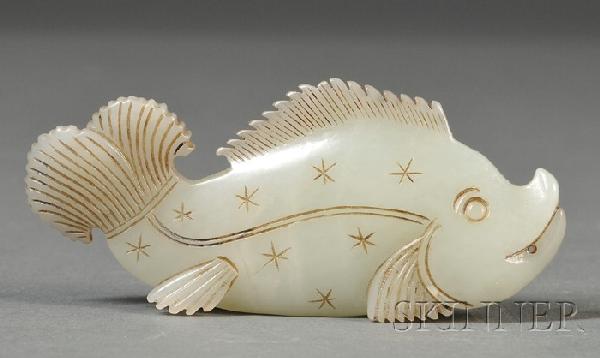 Jade Carving, China, depicting a fish, a small pe: Jade Carving, China, depicting a fish, a small perforation in in the lower lip as the hole of the pendant, the stone of celadon color, lg. 4 1/8, wd. 2 in.