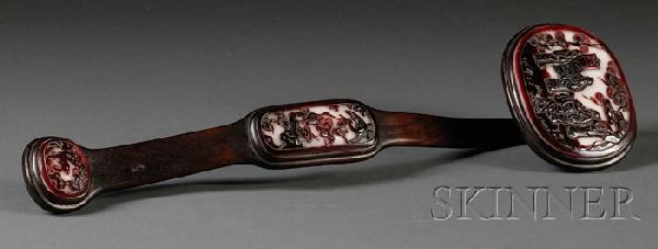 Wood Scepter, China, inlaid with three carved Pek: Wood Scepter, China, inlaid with three carved Peking glass plaques, depicting Immortals and attendants, pine tree and cranes, and deer under a pine tree, lg. 21 in.