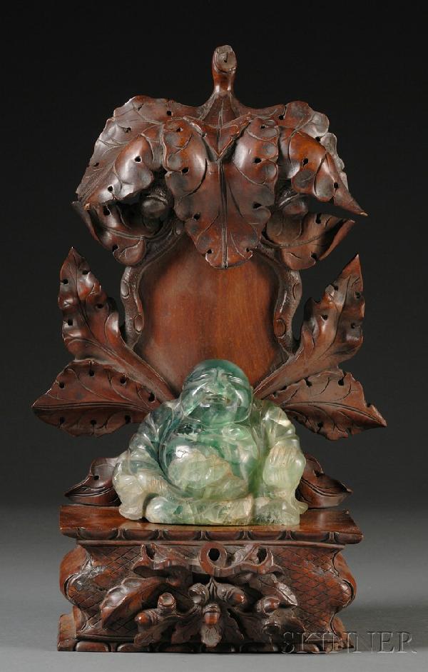 Carved Fluorite Budai with Wood Altar, China, ht.: Carved Fluorite Budai with Wood Altar, China, ht. 4 3/4 in.