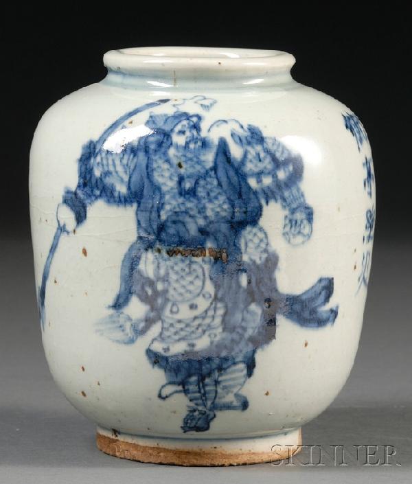 Blue and White Jar, China, 19th century, painted: Blue and White Jar, China, 19th century, painted in underglaze blue of two military figures alternating with writings, "Chang Ming Fu Kui" (Longevity and Wealth) mark on the base, ht. 7 in.