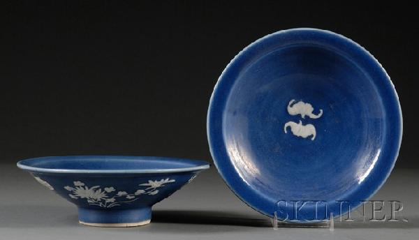 Pair of Pate-sur-Pate Bowls, China, 19th century,: Pair of Pate-sur-Pate Bowls, China, 19th century, the wide flaring side of each bowl decorated on the exterior in pate-sur-pate with flowers from the four seasons, the interior with a pair of bats, al