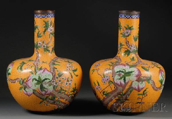 Pair of Yellow Cloisonne Peach Vases, China, Rep: Pair of Yellow Cloisonne Peach Vases, China, Republican period, water chestnut shape, decoration of bats and peaches on a yellow ground, with "Yuan Shan Tang" mark on the base, ht. 19 1/2 in.