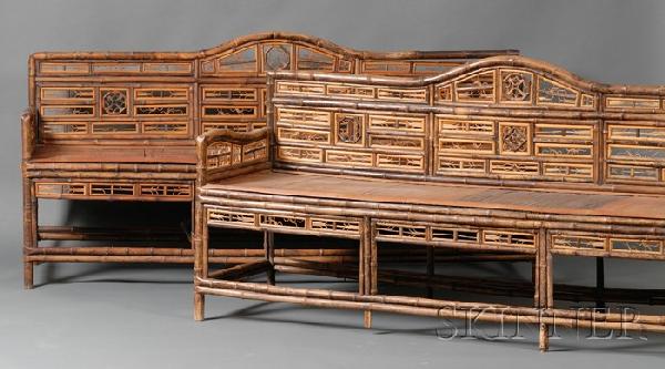 Pair of Bamboo Settees, China, the seat rails wit: Pair of Bamboo Settees, China, the seat rails with bundled bamboo and fret and cash decoration, ht. 31, lg. 72 in.