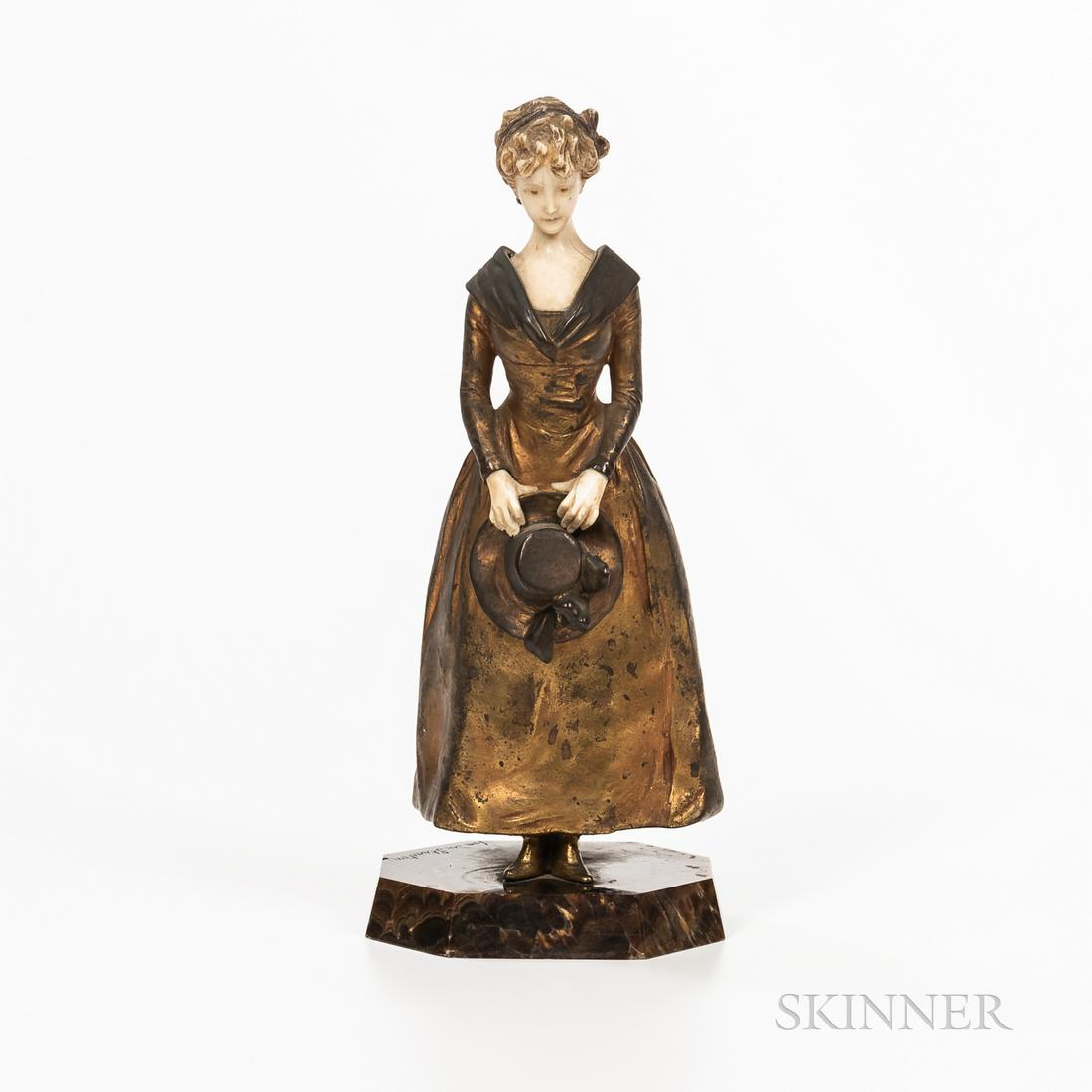 Bronze Model of a Young Girl, France, c. 1900,: Bronze Model of a Young Girl, France, c. 1900, patinated body with carved hands and face, mounted atop an octagonal marble plinth, inscribed "France," ht. 9 3/4 in. Provenance: Townshend Collection.