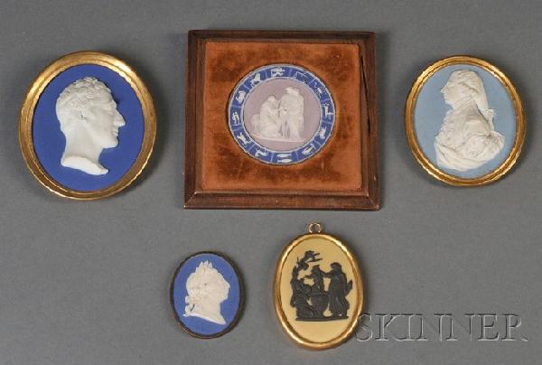 Five Assorted Wedgwood Jasper Medallions, 19th and: Five Assorted Wedgwood Jasper Medallions, 19th and 20th century, each with applied relief, three ovals with portraits, a solid pale blue with Duke of York, lg. 2 3/4 in.; a dark blue dip with George I