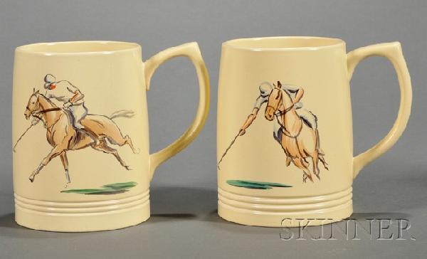 Two Wedgwood Hand-painted Keith Murray Mugs, Engla: Two Wedgwood Hand-painted Keith Murray Mugs, England, c. 1940-50, each in a matte straw glaze and hand-painted with polo players in polychrome enamels, artist signed Saynor and impressed marks, ht. 4