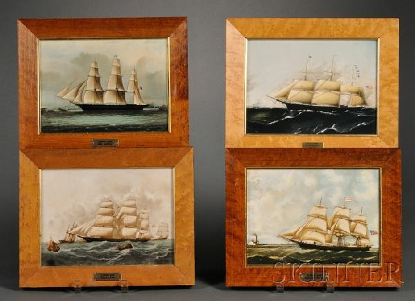 Four Wedgwood Clipper Ship Plaques, England, late: Four Wedgwood Clipper Ship Plaques, England, late 20th century, each mounted in a burl maple frame, titles including Hurricane, Golden West, Dreadnought, and Sea Witch, printe