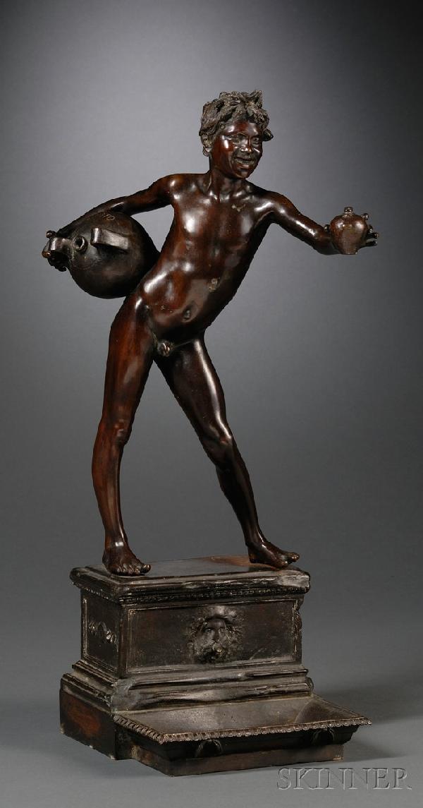 Vincenzo Gemito (Italian, 1852-1929) Bronze Figure: Vincenzo Gemito (Italian, 1852-1929) Bronze Figure of a Young Water Carrier, Acquiaolo, the nude boy carrying a water jug on one hip, and offering a vessel in outstretched hand, on rectangular fountai