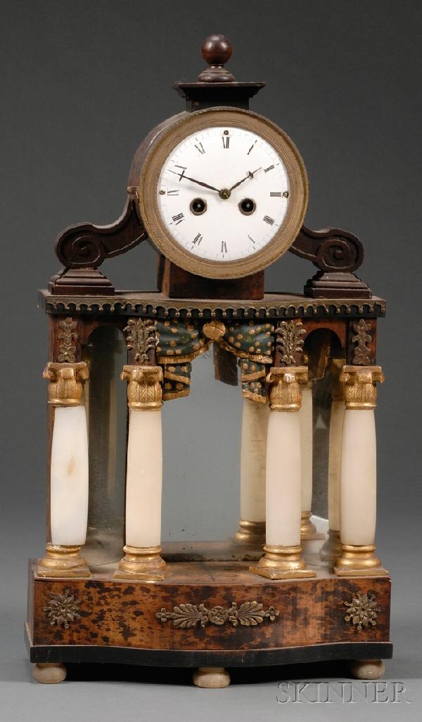 Biedermeier Painted, Parcel-gilt, Onyx, and Gilt-m: Biedermeier Painted, Parcel-gilt, Onyx, and Gilt-metal-mounted Mantel Clock, mid-19th century, with two-train movement in round bezel flanked by wood scrolls, on temple-form case with four white onyx 