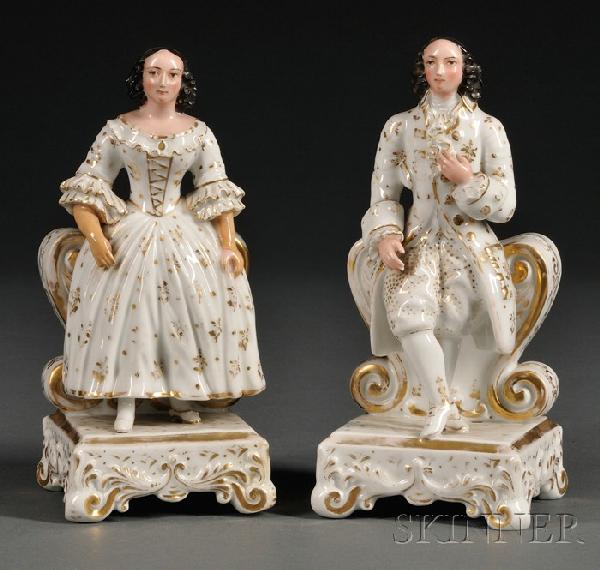 Pair of Paris Porcelain Figural Cologne Bottles, m: Pair of Paris Porcelain Figural Cologne Bottles, mid-19th century, standing male and female figures in elegant dress, each before a flattened vasiform bottle with scrolled sides, on square base, paint