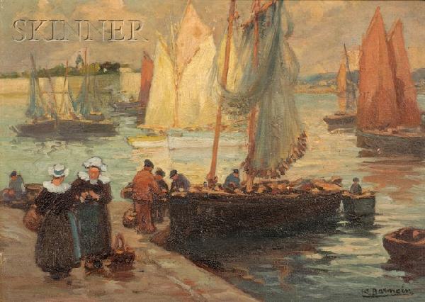 Henri Alphonse Barnoin (French, 1882-1940) Along : Henri Alphonse Barnoin (French, 1882-1940) Along the Quay Signed "H. Barnoin" l.r. Oil on panel, 6 3/16 x 8 11/16 in. (15.7 x 22.1 cm), framed. Condition: Minor retouch, paint loss c.r., varnish incon
