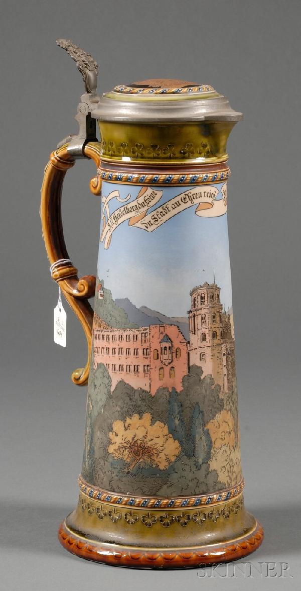 3 Litre Mettlach Stein, Germany, c. 1907, number 2: 3 Litre Mettlach Stein, Germany, c. 1907, number 2796, with etched depiction of Heidelberg, hinged inlay lid, impressed mark, ht. 15 1/2 in.