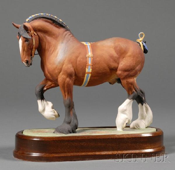 Royal Worcester Bone China Model of a Shire Stalli: Royal Worcester Bone China Model of a Shire Stallion, England, c. 1965, modeled by Doris Lindner, polychrome enamel decorated, printed mark, ht. 9 in.