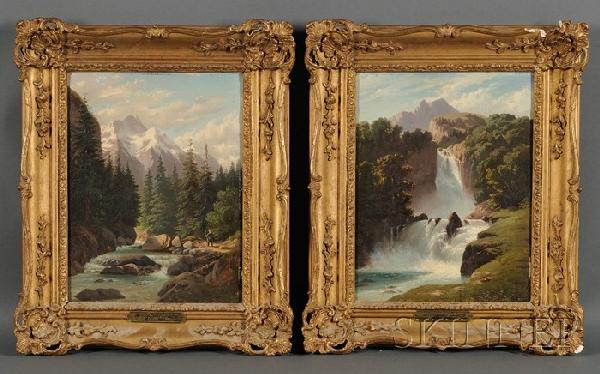 Attributed to Alexandre Calame (Swiss, 1810-1864): Attributed to Alexandre Calame (Swiss, 1810-1864) Lot of Two Mountain Landscapes with Rivers Unsigned, identified on presentation plaques and in labels on the reverse. Both oil on board with stenciled